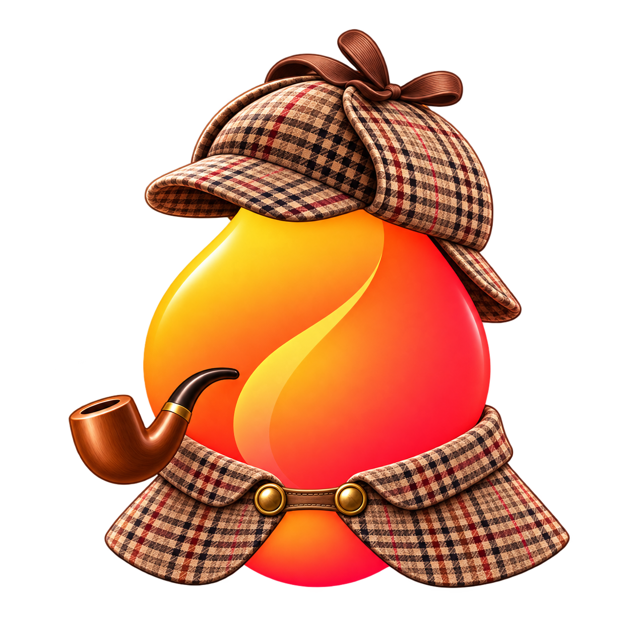 Ember Pipe flame mascot wearing a detective hat and coat and holding a pipe