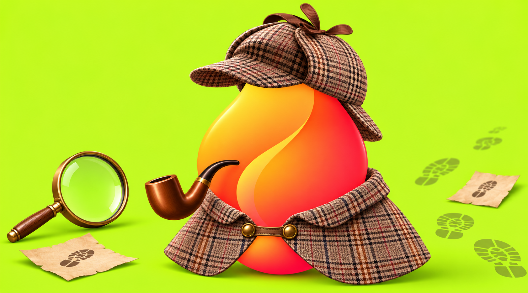 Ember Pipe detective mascot following footprints with a magnifying glass