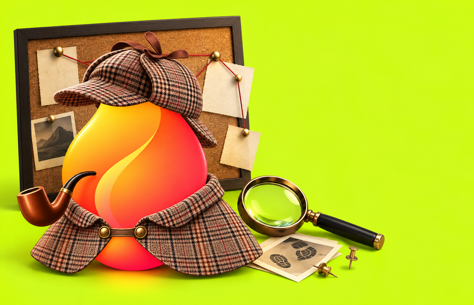 Ember Pipe detective mascot in front of a cork evidence board